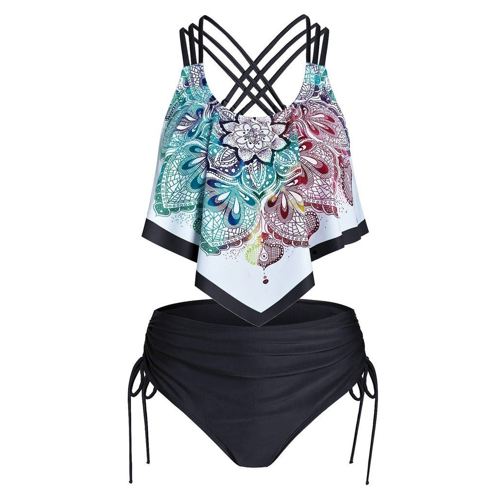 Women Boh Print Ruffles Halter Bukini Push-Up Padded Overlay Flounce Crisscross Tankini Swimwear High Waist Bikini Set Monokini