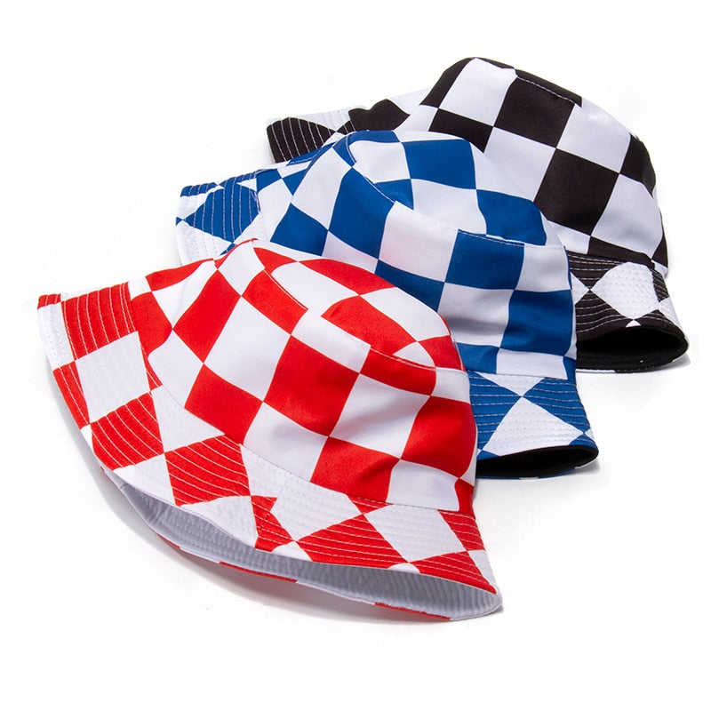 FOXMOTHER New Fashion Black Red Blue Plaid Check Bucket Hats Hip Hop Mens Panama Fisherman Caps