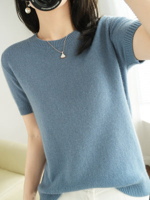 Spring and Autumn Loose Base Shirt Thin Cashmere round Neck Short Sleeve
