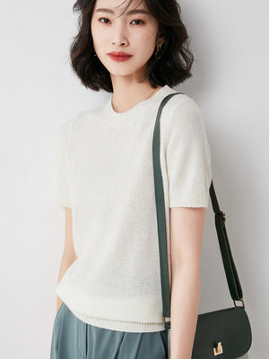 Spring and Autumn Loose Base Shirt Thin Cashmere round Neck Short Sleeve