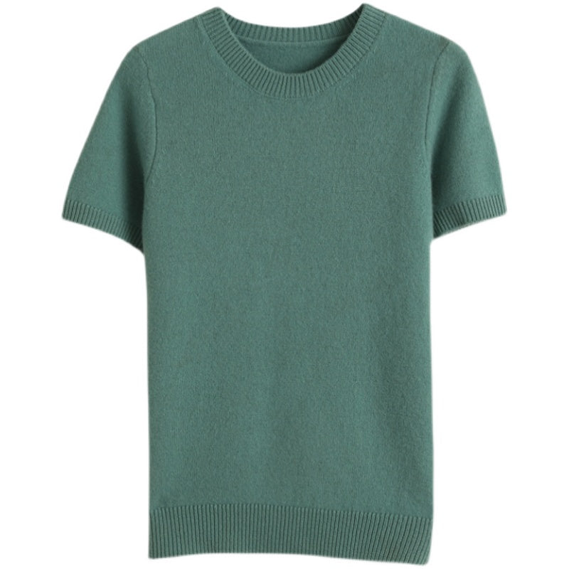 Spring and Autumn Loose Base Shirt Thin Cashmere round Neck Short Sleeve