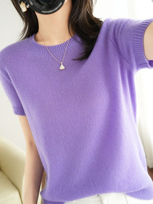 Spring and Autumn Loose Base Shirt Thin Cashmere round Neck Short Sleeve