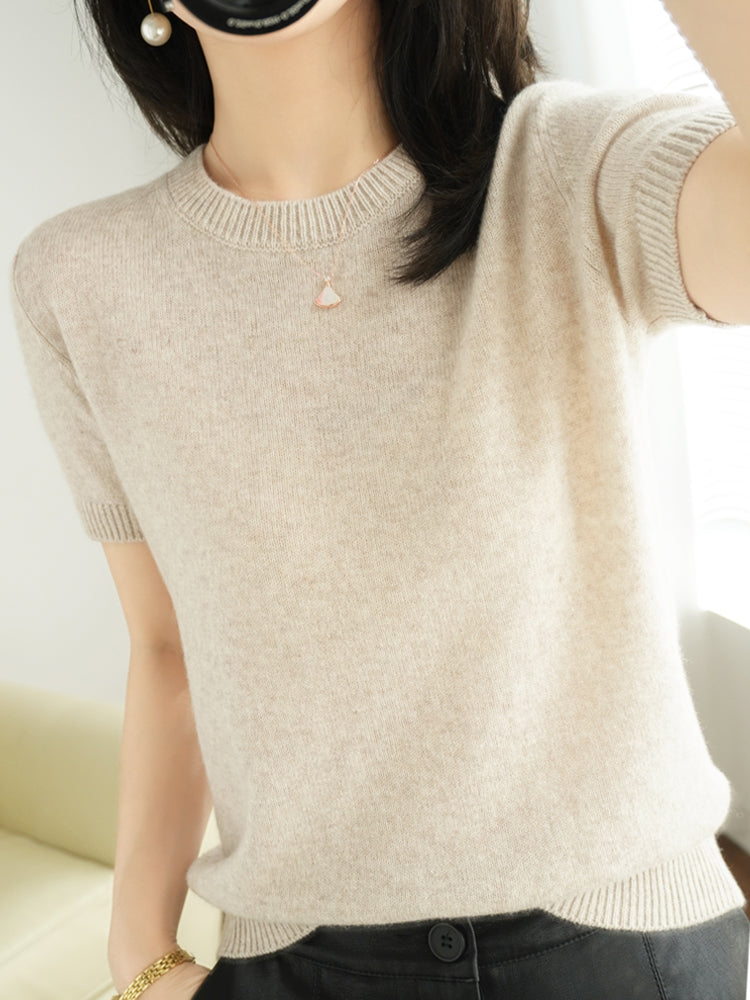 Spring and Autumn Loose Base Shirt Thin Cashmere round Neck Short Sleeve