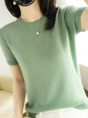 Spring and Autumn Loose Base Shirt Thin Cashmere round Neck Short Sleeve