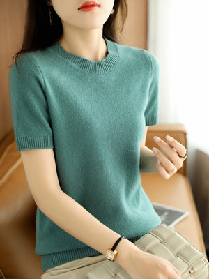 Spring and Autumn Loose Base Shirt Thin Cashmere round Neck Short Sleeve