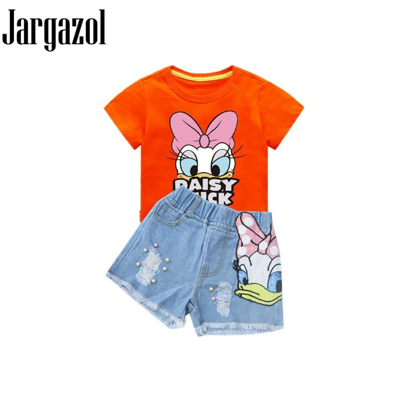 Disney Girls Outfits Cartoon Donald Duck Sets Printed Summer Shirt Broken Hole Denim Shorts Girl Clothing Set Children Clothes