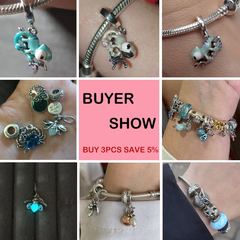 Fit Pandora 925 Original Bracelet Chameleon Luminous Firefly Butterfly Silver Charms Beads For DIY Christmas Jewelry Gift Making