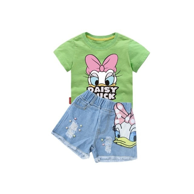 Disney Girls Outfits Cartoon Donald Duck Sets Printed Summer Shirt Broken Hole Denim Shorts Girl Clothing Set Children Clothes