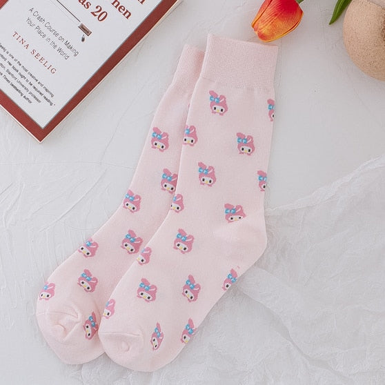 Kawaii Sanrio Women's Socks Cartoon Hello Kitty My Melody Harajuku Mid-tube Cotton Sports Breathable Student Sock Christmas Gift