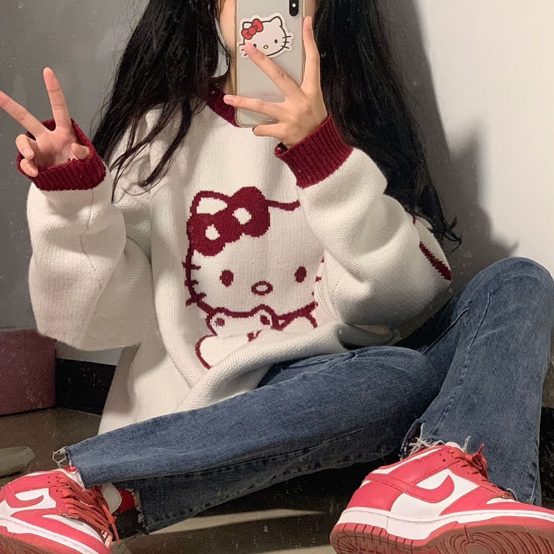 Kawaii Sanriod Anime Series Kitty Cute Pullover Sweater Jk Autumn Winter The New Sweater Tie Feet Trousers Girls Holiday Gift