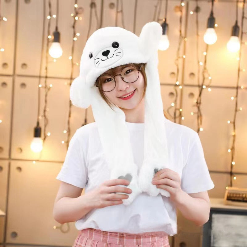 Cute Bunny Ears Hat Moving Pikachu Rabbit Soft Jumping Up Cap Funny Toy Girls Cartoon Kawaii Plush Hat Toys Gift for Adult Kids