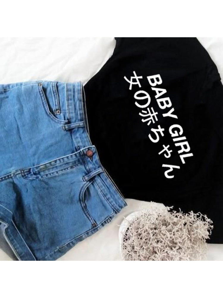 BABYGIRL Japanese Shirts Letter Printed T Shirts Tumblr T-shirts Harajuku Women Tumblr Grunge Slogan Kawaii Cute Tops Clothes
