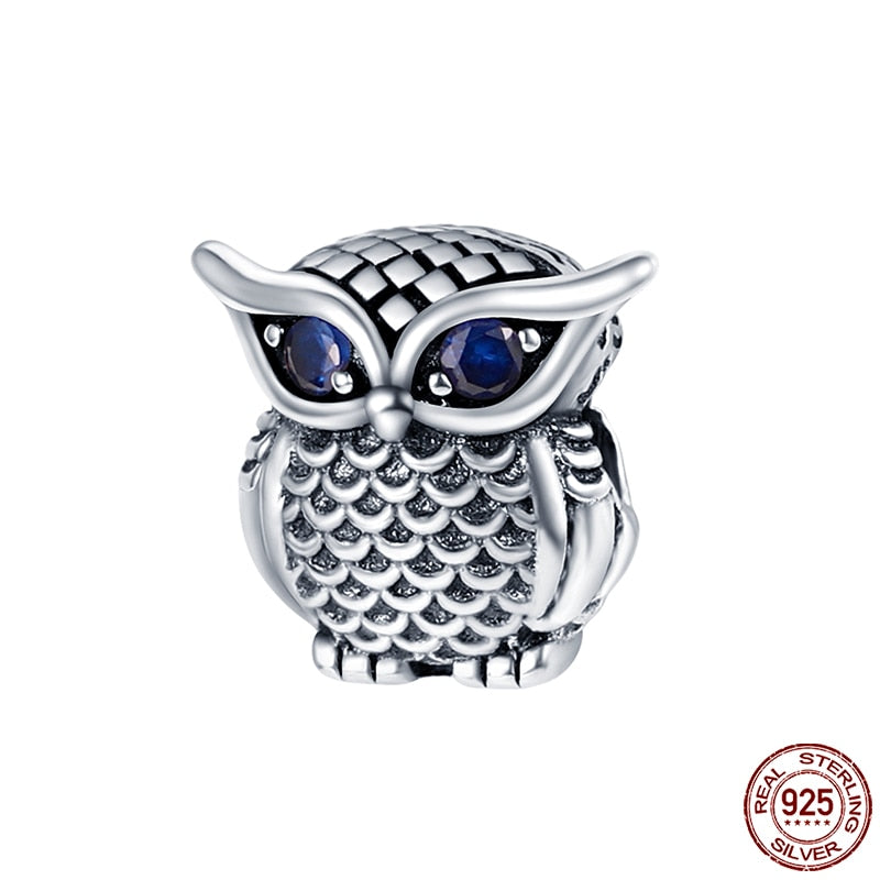 Hot Sale Charms Fit Pandora 925 Original Bracelet 925 Silver Owl With Blue Zircon Red Heart Charms Beads Fine DIY Jewelry Making