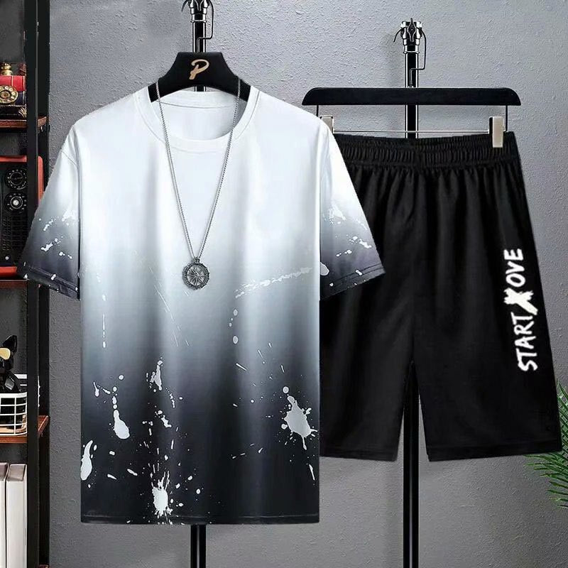 Men's Suit Gradient Summer Short Sleeve T-Shirt Set Fashion 2 Piece Streetwear 3D Printed Sports Beach Shorts Sportswear Men's