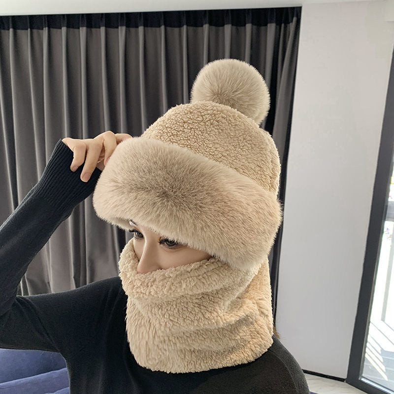 Winter Beanie Scarf Set Hooded for Women Fur Cashmere Neck Warm Russia Outdoor Ski Windproof Hat Thick Plush Fluffy Beanies