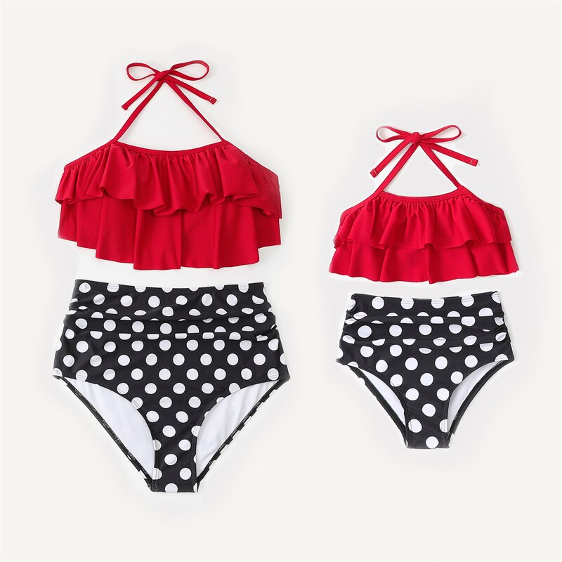 PalmTree Mother Daughter Matching Swimsuits Family Set Ruffled Mommy and Me Dresses Clothes HighWaist Women Girls Swimwear 2023