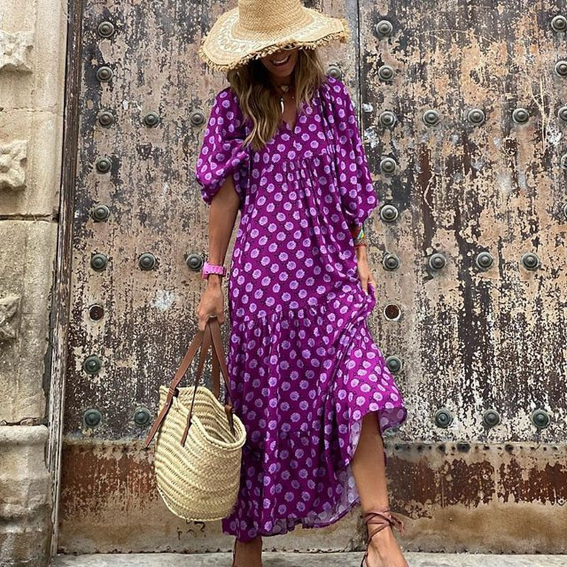Puff Sleeve Boho Maxi Dress Elegant Women Summer  Casual Floral Drawstring V-Neck Loose Holiday Beach Dresses Party Vestidos