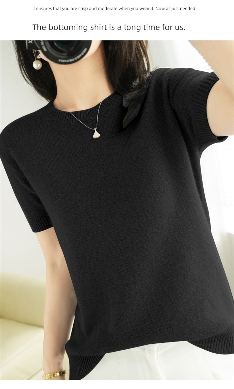 Spring and Autumn Loose Base Shirt Thin Cashmere round Neck Short Sleeve