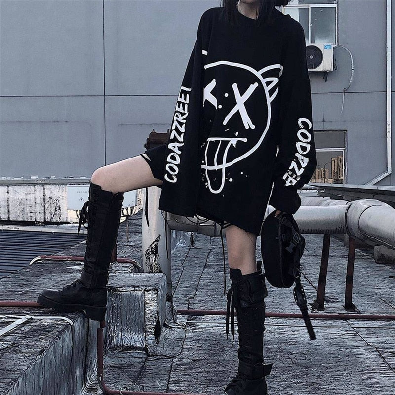 Harajuku Women Alt Emo Tshirts Oversized Long Sleeve E Girl Pullovers Hip Hop Punk Streetwear Tees Black Loose T-Shirt Clothes