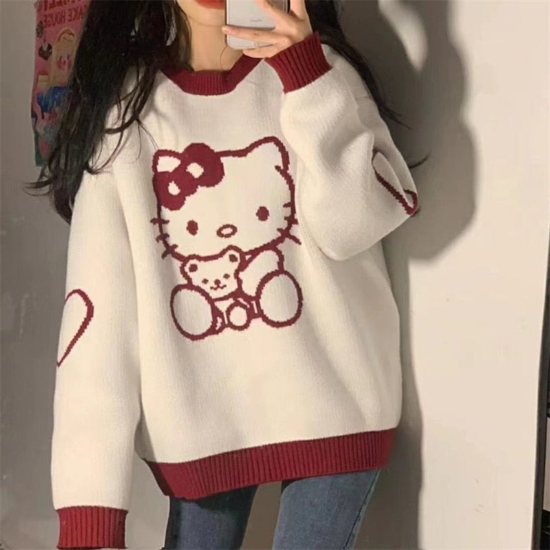 Kawaii Sanriod Anime Series Kitty Cute Pullover Sweater Jk Autumn Winter The New Sweater Tie Feet Trousers Girls Holiday Gift