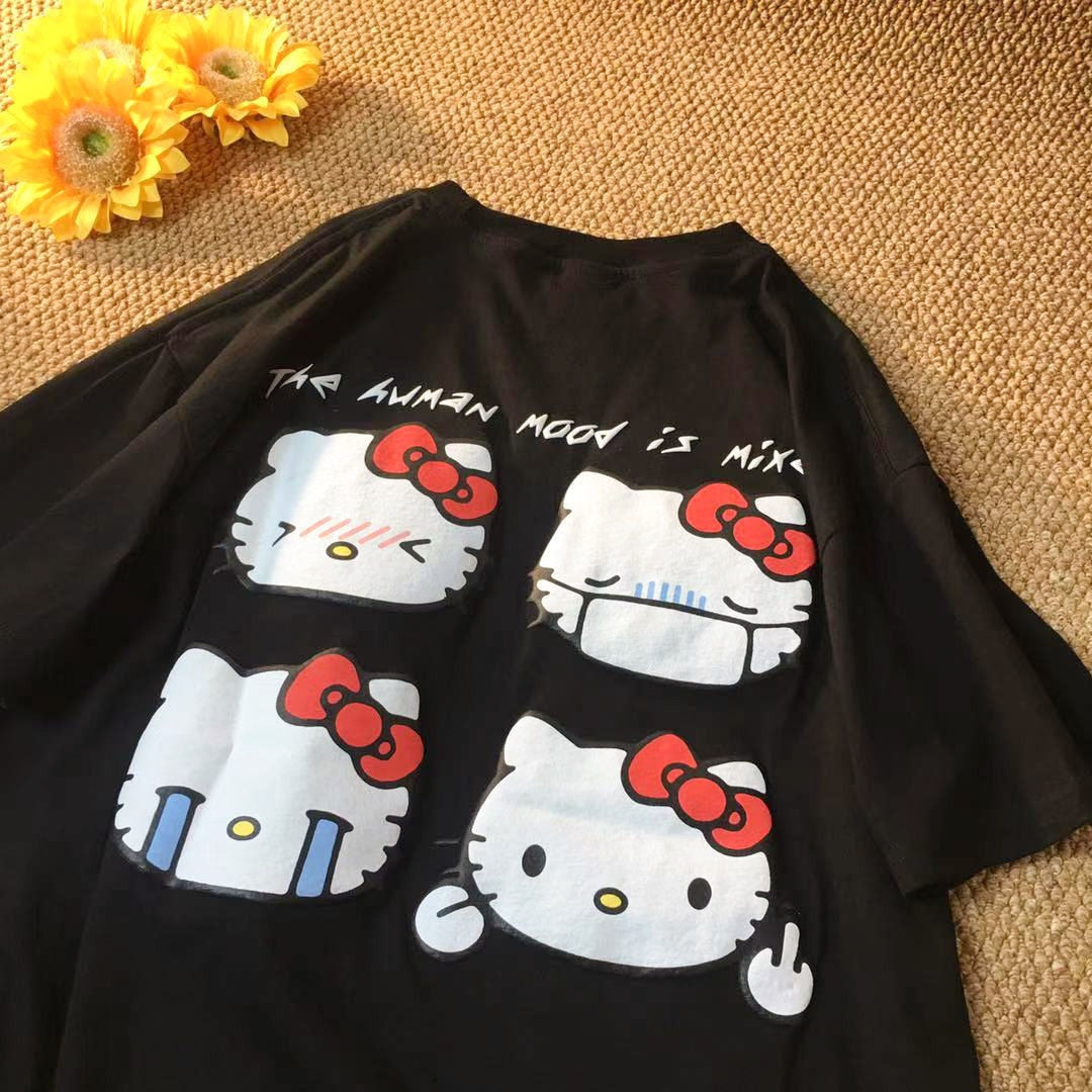 Sanrio Summer New Short Sleeve Oversize Tshirt Top Female Hello Kitty Cartoon Aesthetic Japanese Style Kawaii Clothing For Women