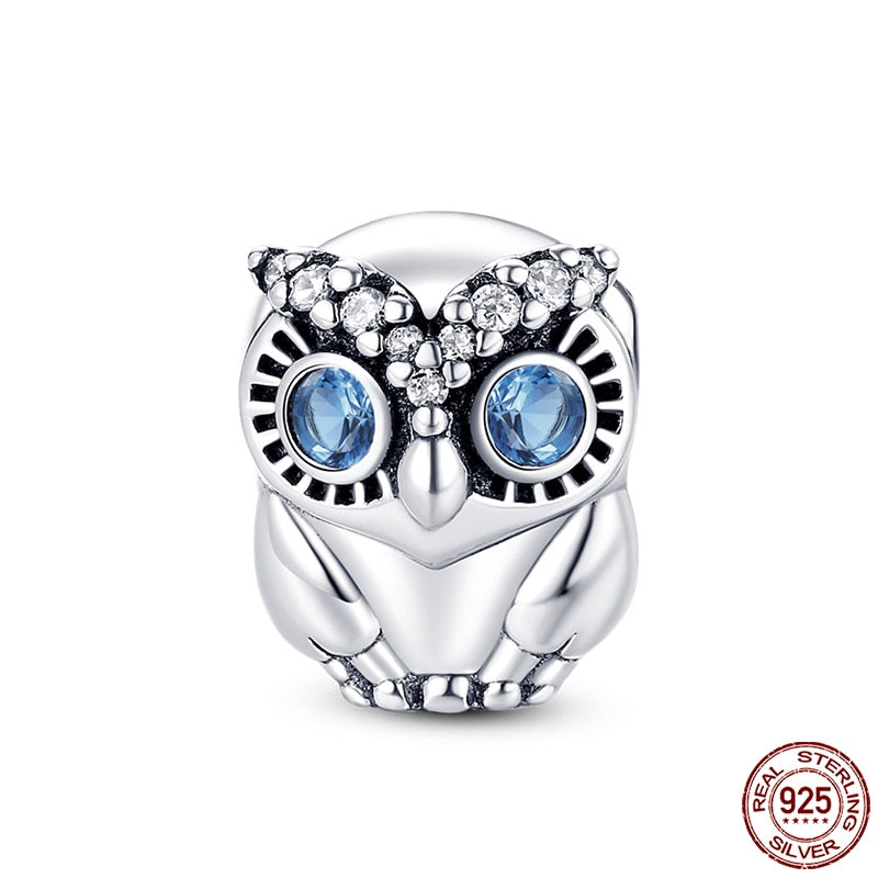 Hot Sale Charms Fit Pandora 925 Original Bracelet 925 Silver Owl With Blue Zircon Red Heart Charms Beads Fine DIY Jewelry Making