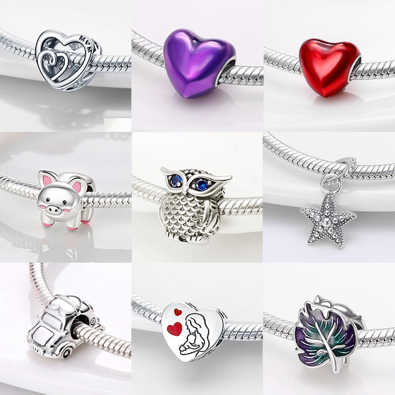 Hot Sale Charms Fit Pandora 925 Original Bracelet 925 Silver Owl With Blue Zircon Red Heart Charms Beads Fine DIY Jewelry Making