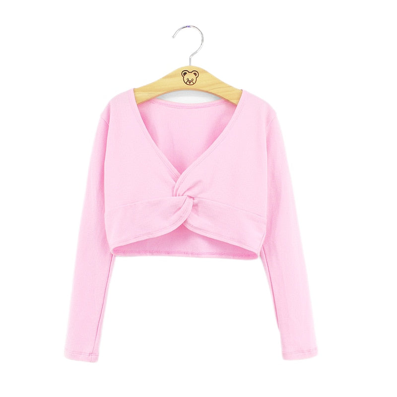 Girls' Classic Ballet Long Sleeve Wrap Top Dance Shrug Sweater Crop Coat Kids Dancewear Cotton Warm Up Pullover for Leotards