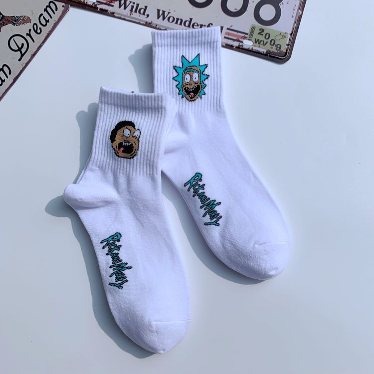 Anime Rick Socks Men's Funny Cartoon Mid-calf Men and Women Street Letters Hip-hop Sports Skateboarding Cute White Socks
