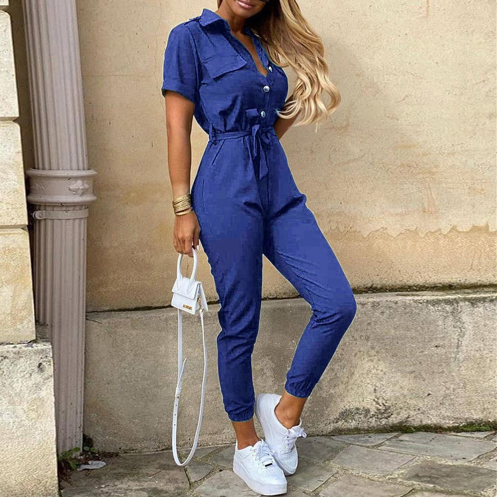 Overalls for Women New Casual Lapel Lace-up Print Belt Work Jumpsuit Women One Pieces Bodysuit Women Chic and Elegant Jumpsuits