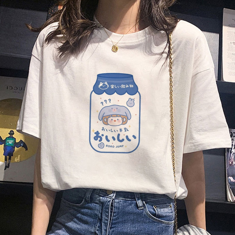 Kawaii Sanrioed Short Sleeve Kuromi Cinnamoroll My Melody Cute Cartoon Cotton Short Sleeve T-Shirt White Loose Top Gift