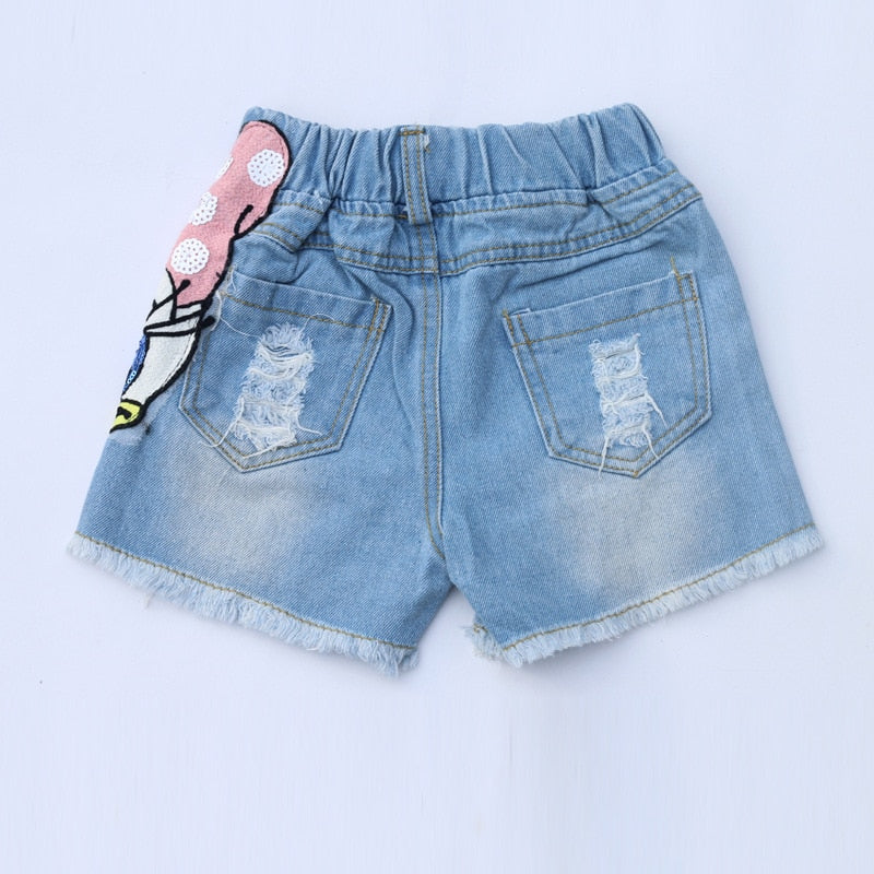 Disney Girls Outfits Cartoon Donald Duck Sets Printed Summer Shirt Broken Hole Denim Shorts Girl Clothing Set Children Clothes
