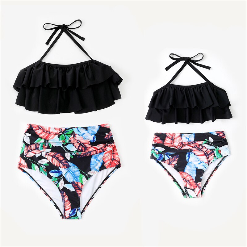 Family Look Flower Mother Daughter Matching Swimsuits Ruffled Mommy and Me Bikini Dresses Clothes Highwaist Women Girls Swimwear