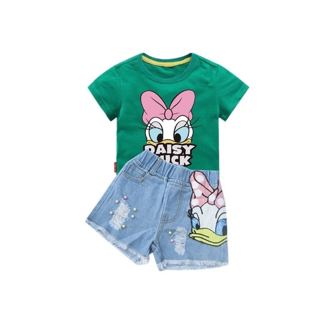 Disney Girls Outfits Cartoon Donald Duck Sets Printed Summer Shirt Broken Hole Denim Shorts Girl Clothing Set Children Clothes