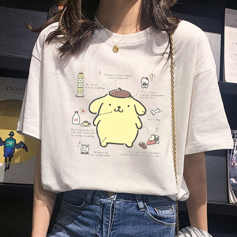 Kawaii Sanrioed Short Sleeve Kuromi Cinnamoroll My Melody Cute Cartoon Cotton Short Sleeve T-Shirt White Loose Top Gift