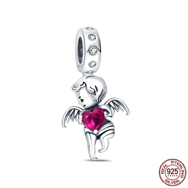 Hot Sale Charms Fit Pandora 925 Original Bracelet 925 Silver Owl With Blue Zircon Red Heart Charms Beads Fine DIY Jewelry Making