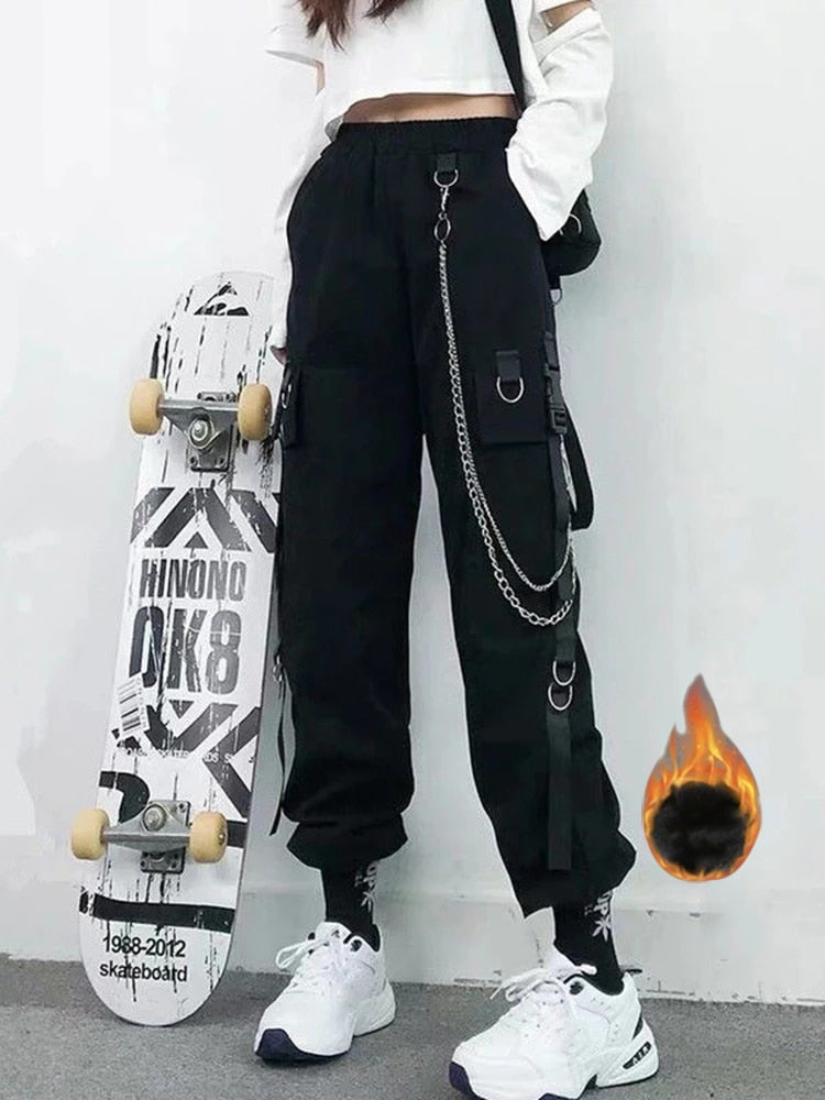 Women Cargo Pants Harem Pants Fashion Punk Pockets Jogger Trousers With Chain Harajuku Elastics High Waist Streetwear