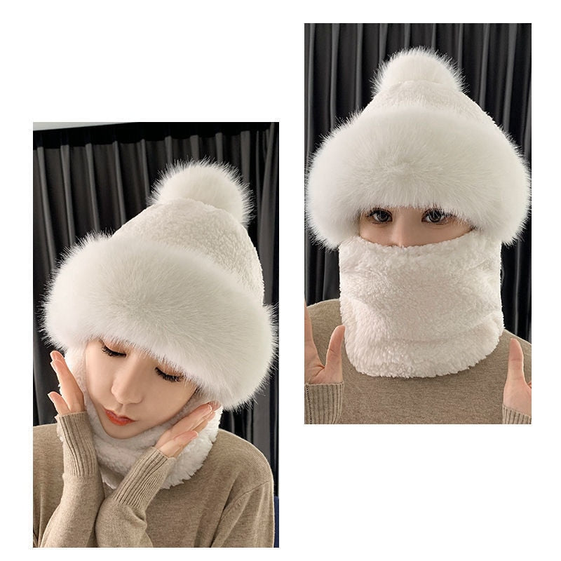 Winter Beanie Scarf Set Hooded for Women Fur Cashmere Neck Warm Russia Outdoor Ski Windproof Hat Thick Plush Fluffy Beanies