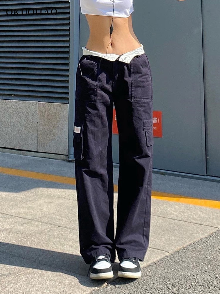 Casual Cargo Pants Women Straight High Waist Baggy Pants Fashion Slim Cotton Black Wide Leg Work Trousers Comfy Y2k Streetwear