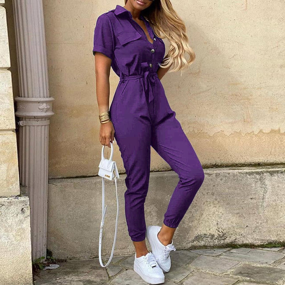 Overalls for Women New Casual Lapel Lace-up Print Belt Work Jumpsuit Women One Pieces Bodysuit Women Chic and Elegant Jumpsuits
