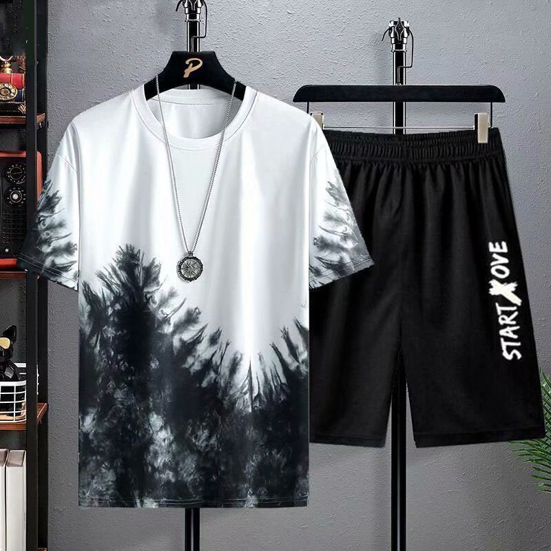 Men's Suit Gradient Summer Short Sleeve T-Shirt Set Fashion 2 Piece Streetwear 3D Printed Sports Beach Shorts Sportswear Men's