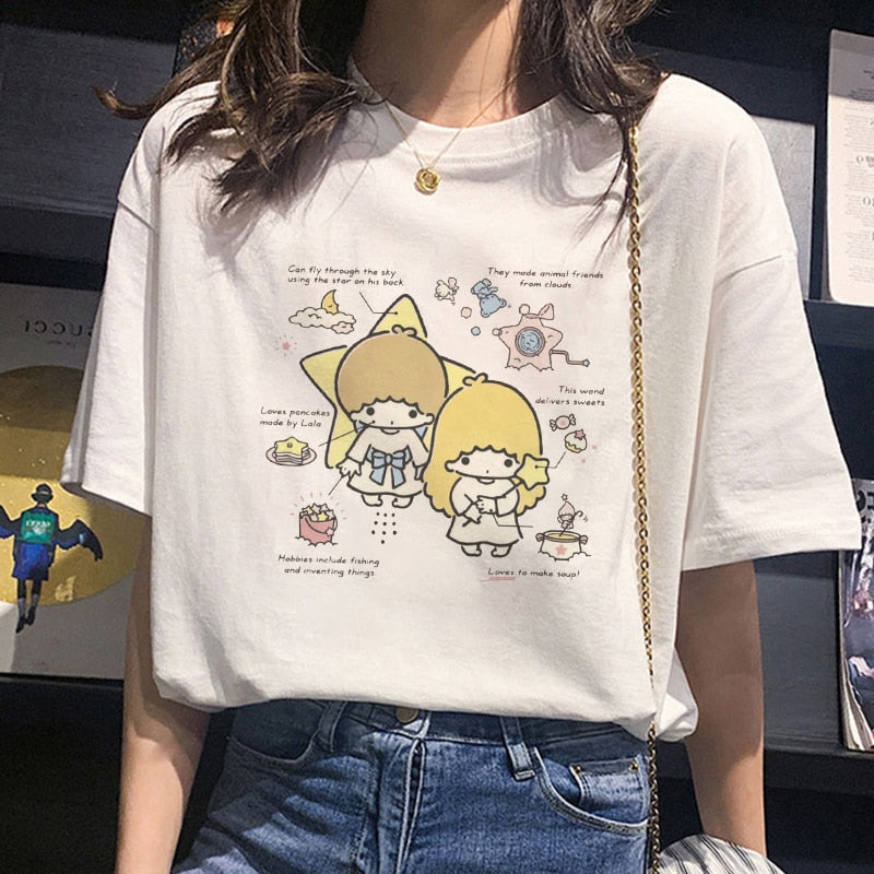Kawaii Sanrioed Short Sleeve Kuromi Cinnamoroll My Melody Cute Cartoon Cotton Short Sleeve T-Shirt White Loose Top Gift