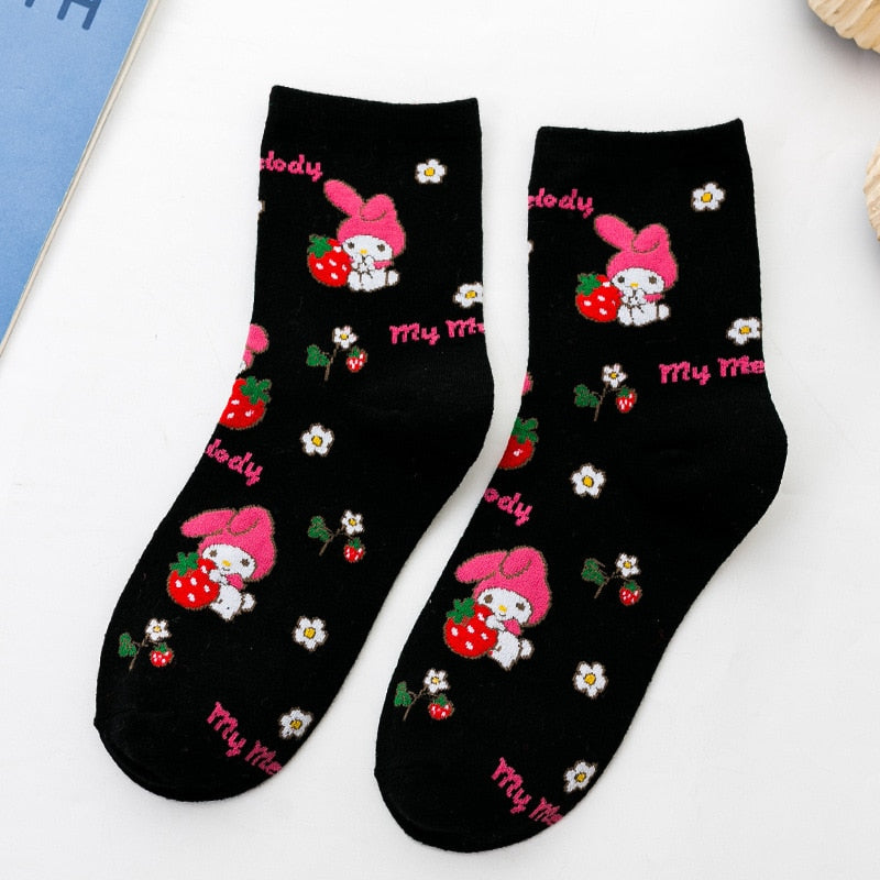 Kawaii Sanrio Women's Socks Cartoon Hello Kitty My Melody Harajuku Mid-tube Cotton Sports Breathable Student Sock Christmas Gift