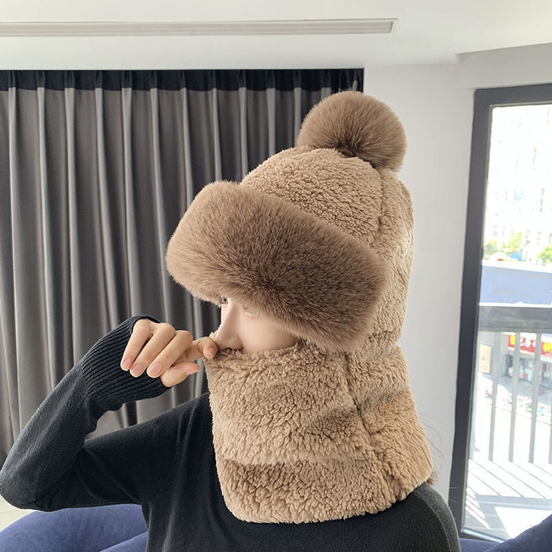 Winter Beanie Scarf Set Hooded for Women Fur Cashmere Neck Warm Russia Outdoor Ski Windproof Hat Thick Plush Fluffy Beanies