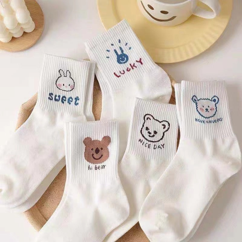 5 Pairs Pack Women Socks Girl Cartoon Bar Bear Lovely Happy Funny Smile Cute Kawaii Boat Ankle Short Cotton