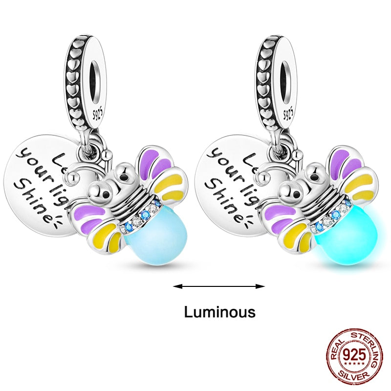 Fit Pandora 925 Original Bracelet Chameleon Luminous Firefly Butterfly Silver Charms Beads For DIY Christmas Jewelry Gift Making