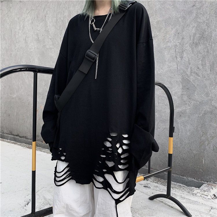 Harajuku Women Alt Emo Tshirts Oversized Long Sleeve E Girl Pullovers Hip Hop Punk Streetwear Tees Black Loose T-Shirt Clothes