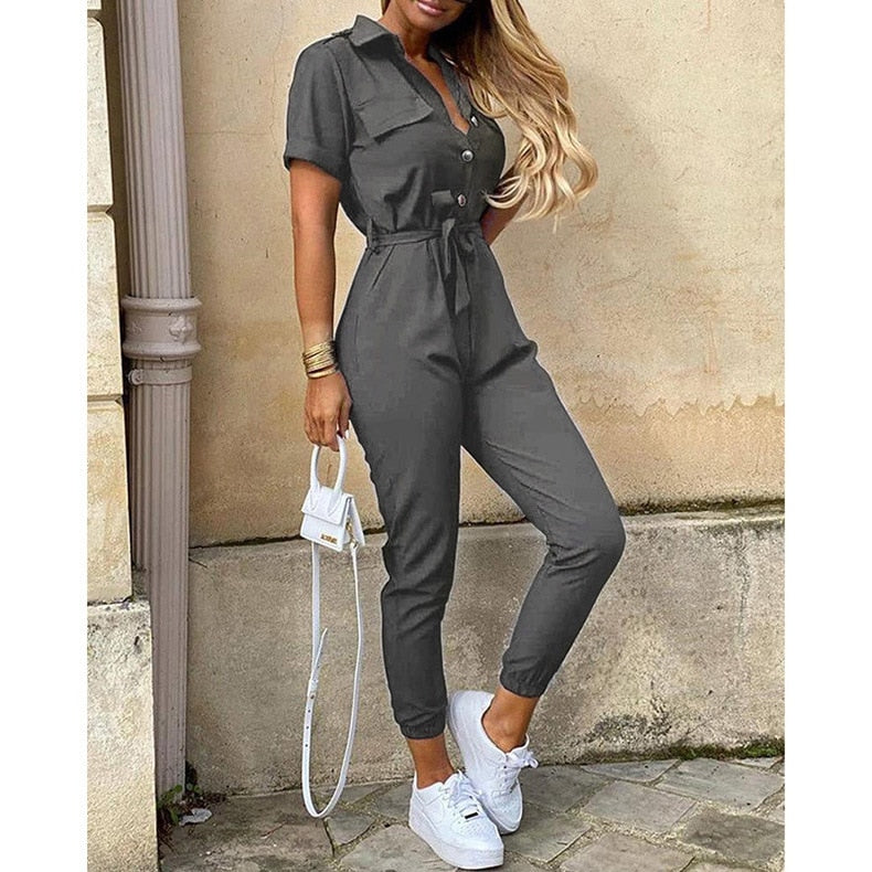 Overalls for Women New Casual Lapel Lace-up Print Belt Work Jumpsuit Women One Pieces Bodysuit Women Chic and Elegant Jumpsuits