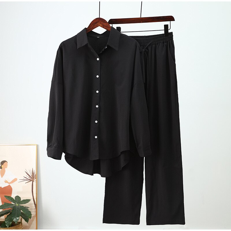 Holiday Wide Leg Pants Set Two Piece Set Women Vintage Boho Maxi Shirt Autumn Casual Loose Work Streetwear