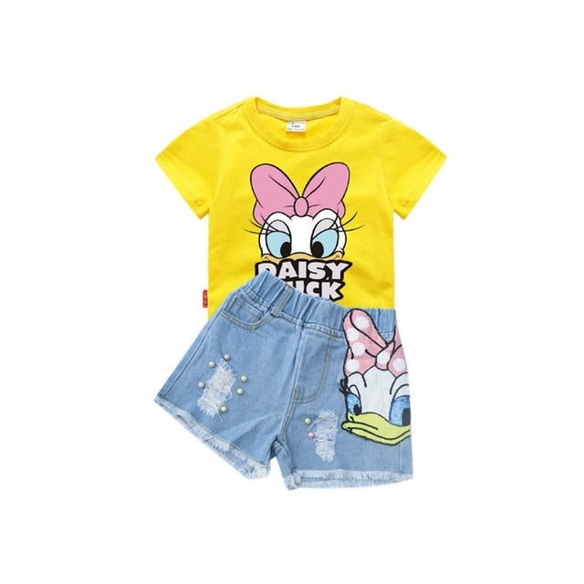 Disney Girls Outfits Cartoon Donald Duck Sets Printed Summer Shirt Broken Hole Denim Shorts Girl Clothing Set Children Clothes